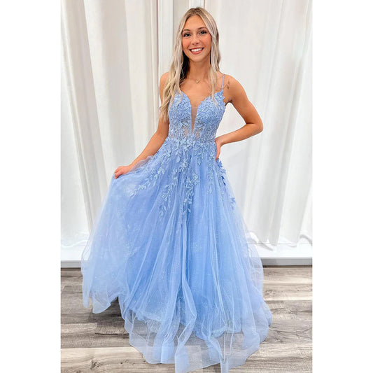 Elegant & Luxurious Criss-Cross Straps V-Neck Spaghetti Straps Tulle Prom Dress