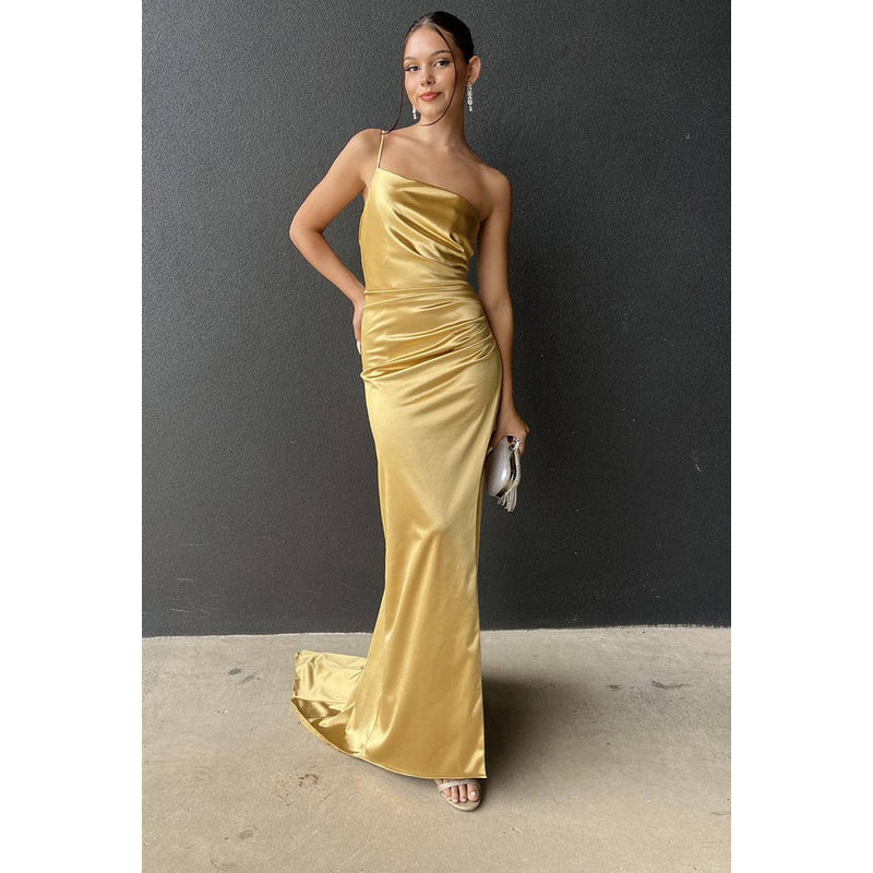 Sheath/Column One Shoulder Satin Pleats Backless Sleeveless Evening Dress