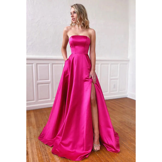 Strapless Sleeveless Lace-Up Satin A-Line Long Prom Evening Dress With Slit