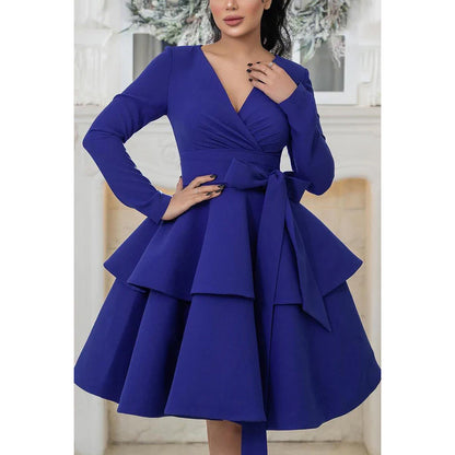 V-Neck Long Sleeves Ruched Satin A-Line Mini Evening Dress With Ruffles