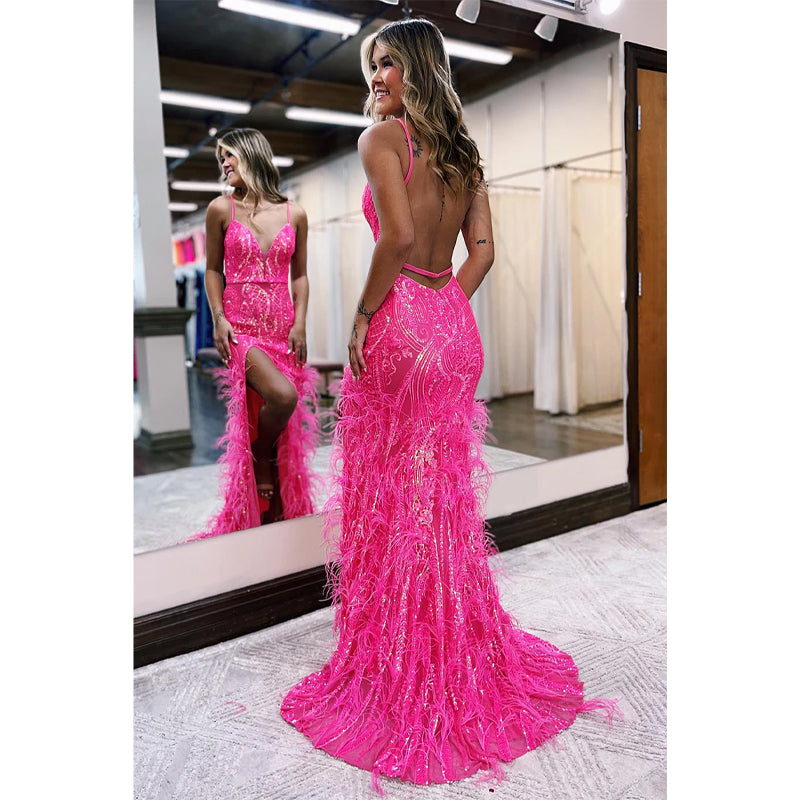 Plunging V-neck Sequins Appliques Feathers Sparkly Prom Dress with Slit