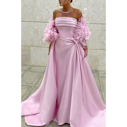 Strapless Pleats A-line with Train Party Prom Evening Dress