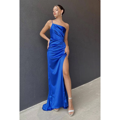 Sheath/Column One Shoulder Satin Pleats Backless Sleeveless Evening Dress