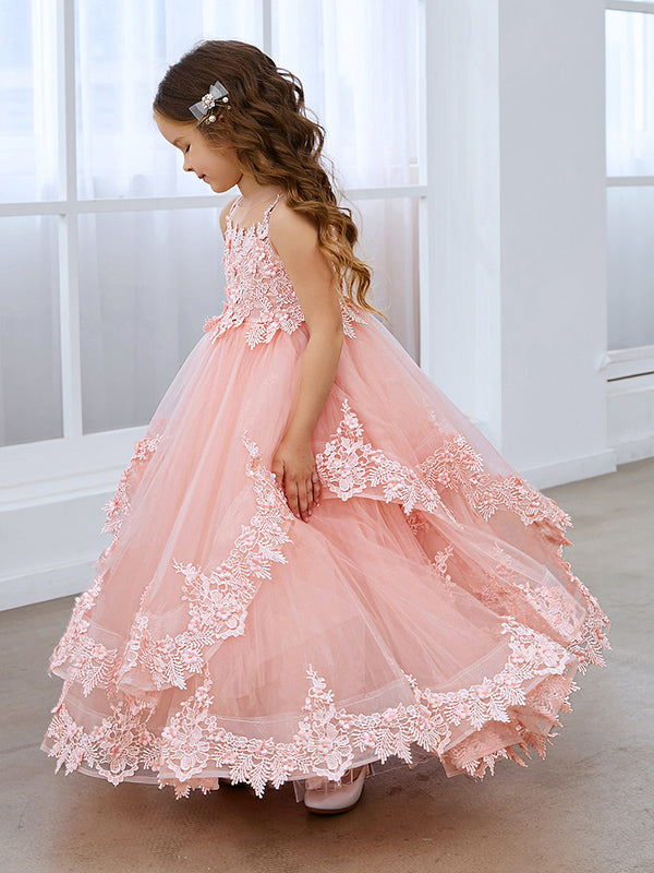 Princess Sleeveless Tulle Gown with Lace Appliques and Sweep Train for Girls