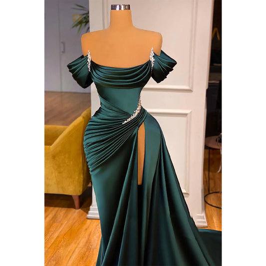 Spaghetti Straps Pleast Beads Side Slit Long Formal Evening Dress