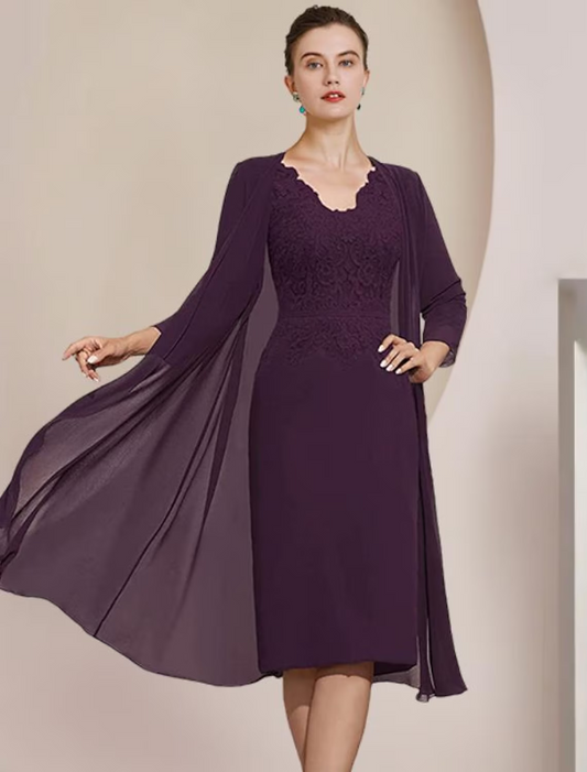 Zweiteiliges Etuikleid/Säulenkleid für die Mutter der Braut, formelle Hochzeitsgäste, elegantes V-Ausschnitt, knielanges Chiffon-Spitzenkleid mit kurzen Ärmeln und Applikationen