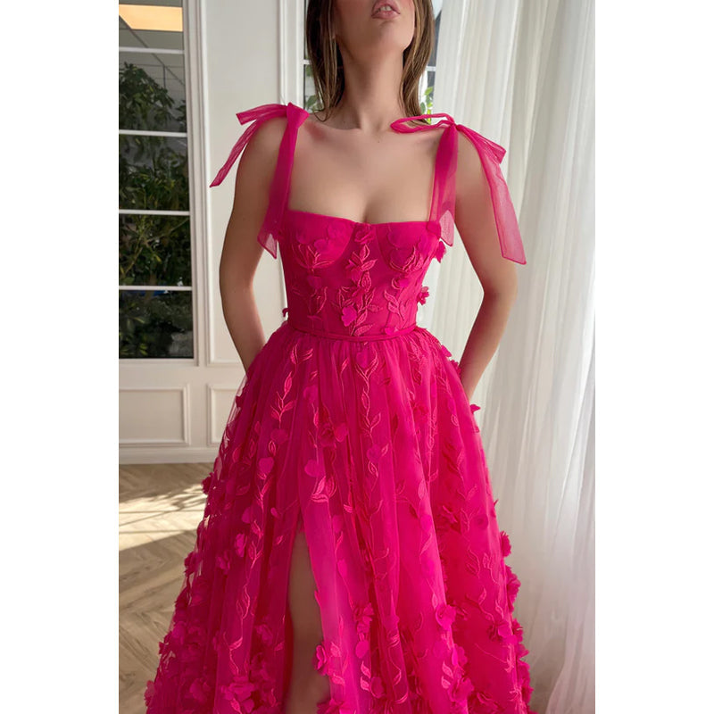 Square Neck Lace Appliqued Tulle A-Line Long Prom Evening Dress with Slit