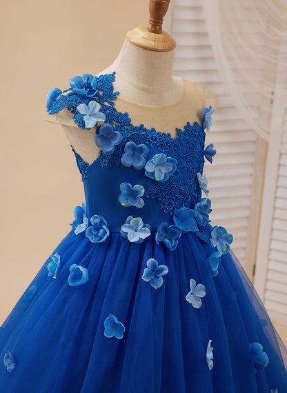 Princess Ball Gown Flower Girl Dress with Appliques and Bow Royal Blue