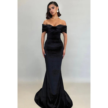 Simple Elegant Off-Shoulder Cap Sleeves Trumpet Formal Prom Dress