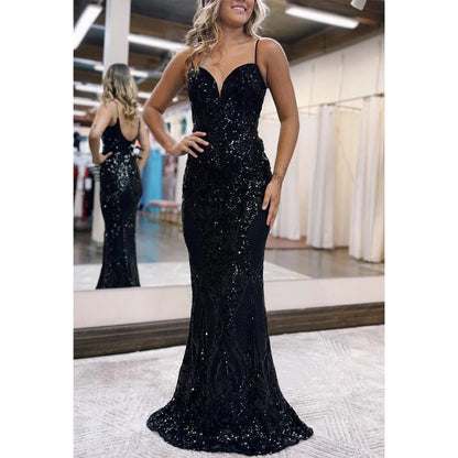 Trumpet V-neck Spaghetti Straps Appliques Party Prom Evening Dress