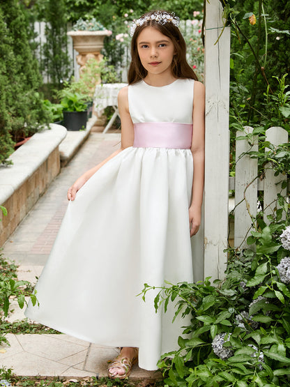 Ivory Satin Flower Girl Ball Gown with Sash Bow | Ankle-Length Tulle Dress (010007314)