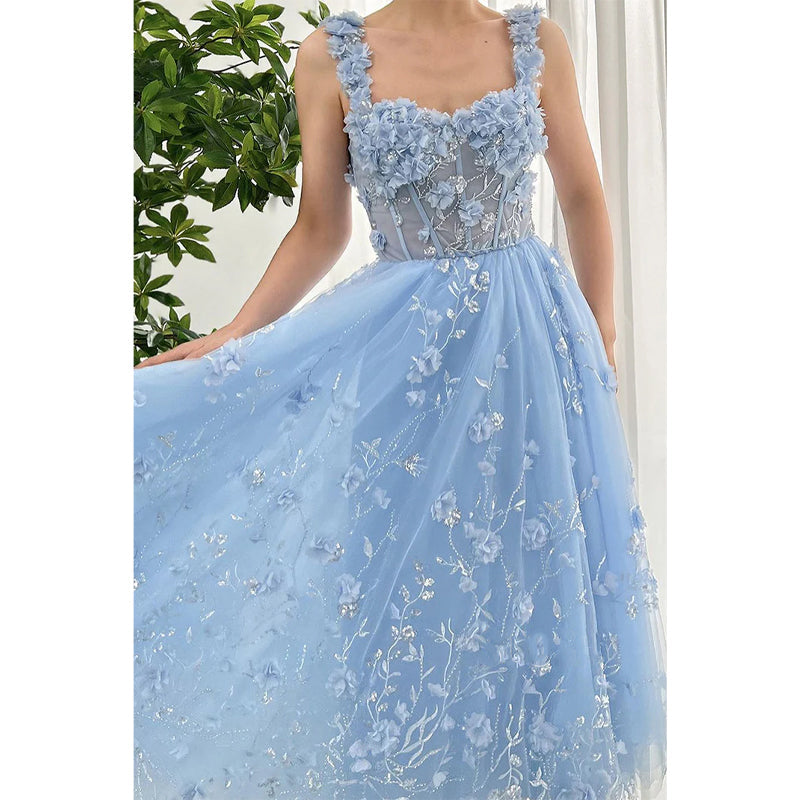 Sweetheart A-line Tulle Floral Appliqued Party Prom Evening Dress