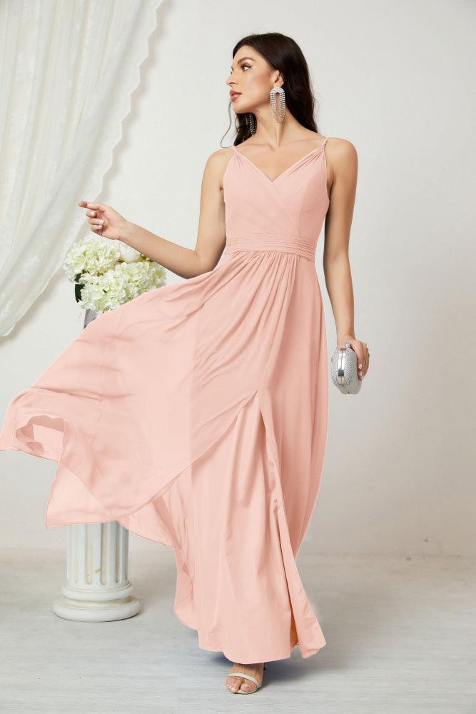 Numbersea Chiffon V-Neck Bridesmaid Dress Spaghetti Strap Long Formal Party Prom Gowns with Slit 28010-numbersea