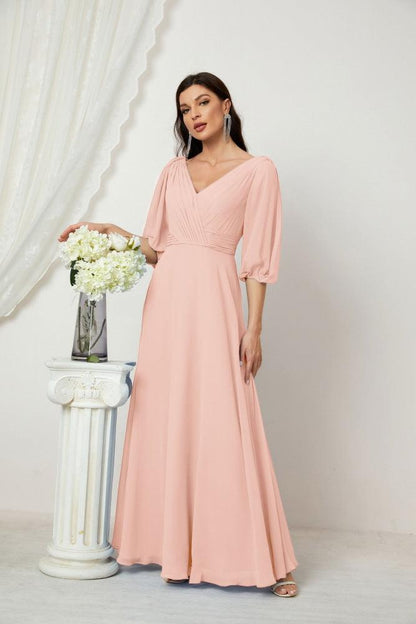 Numbersea Formal Prom Gown Women V-Neck Chiffon Bridesmaid Dresses Long Bishop Sleeve Party Dress 2807-numbersea