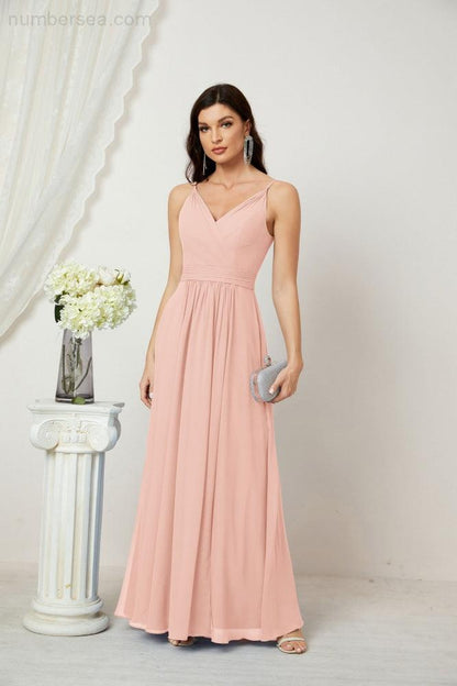 Numbersea Chiffon V-Neck Bridesmaid Dress Spaghetti Strap Long Formal Party Prom Gowns with Slit 28010-numbersea