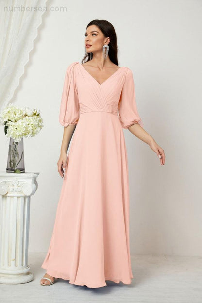 Numbersea Formal Prom Gown Women V-Neck Chiffon Bridesmaid Dresses Long Bishop Sleeve Party Dress 2807-numbersea