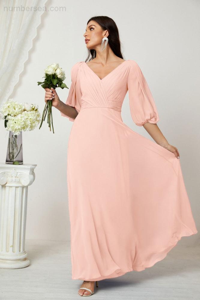 Numbersea Formal Prom Gown Women V-Neck Chiffon Bridesmaid Dresses Long Bishop Sleeve Party Dress 2807-numbersea