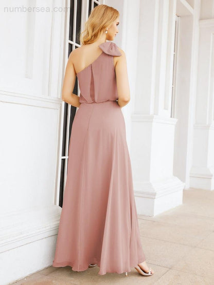 Numbersea Chiffon Ruffled One Shoulder Sleeveless Long Bride Dresses A-line Formal Evening Gown Side Split 28057-numbersea