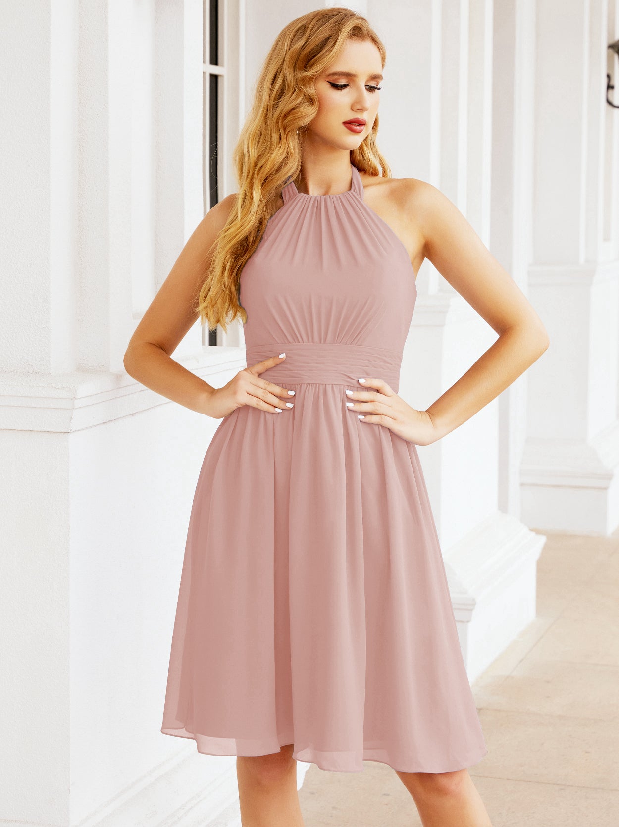 Numbersea Halter Chiffon Bridesmaid Dresses Short Sleeveless Formal Party Dress Open Back 28023