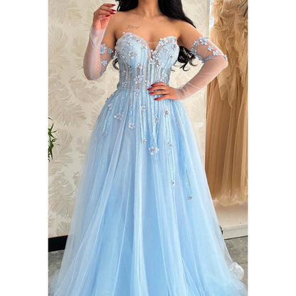 Sweetheart Strapless Appliqued Beaded Tulle A-Line Long Evening Dress