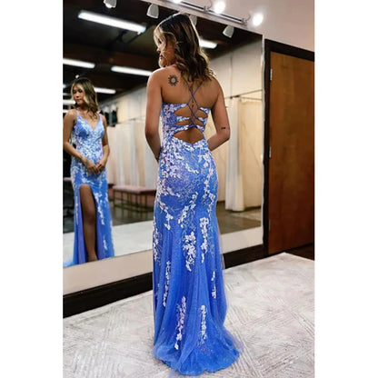 Glitter Blue Mermaid Lace Long Prom Dress with Slit