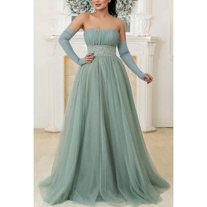 Strapless Sleeveless Sequined Ruched Tulle A-Line Long Wedding Dress