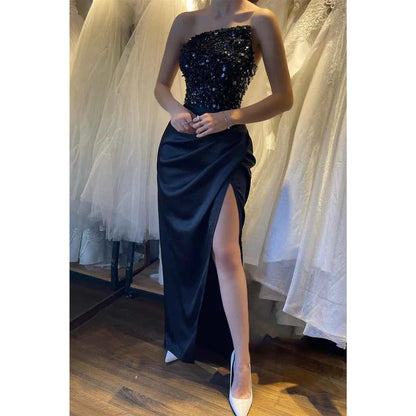 Strapless Sequins Top Black Long Prom Party Dress with Slit