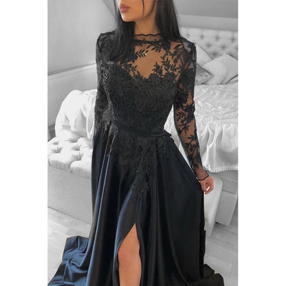 Chic Bateau Illusion Lace Long Sleeves High Split Black Formal Evening Gowns