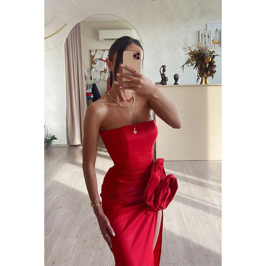 Sheath/column Strapless Flowers Red Long Prom Formal Dress with Slit