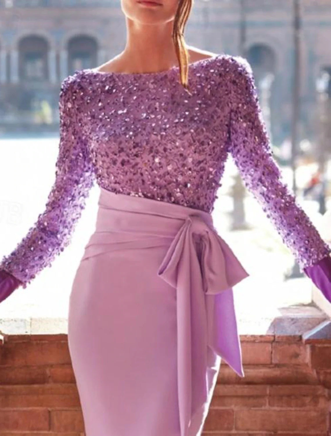 Wedding Reception Floor Length Long Sleeve Jewel Neck Sequined with Bow(s) Pearls Evening Gown Elegant Dress Formal