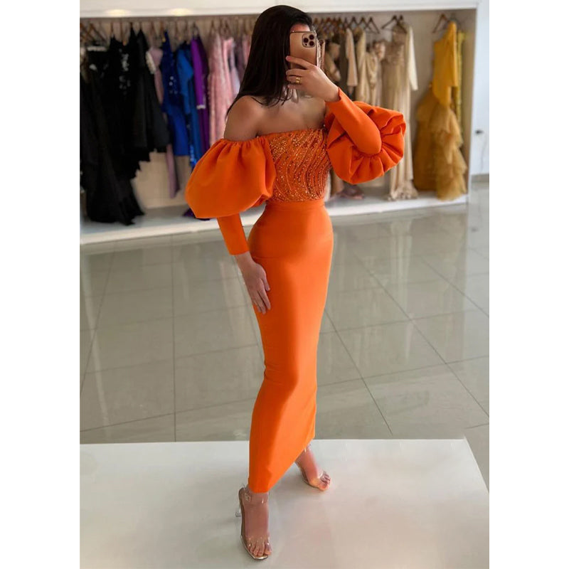 Chic & Sheath Off-shoulder Beaded Orange Puff Sleeves Long Gown Formal Dress