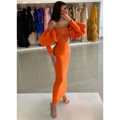 Chic & Sheath Off-shoulder Beaded Orange Puff Sleeves Long Gown Formal Dress