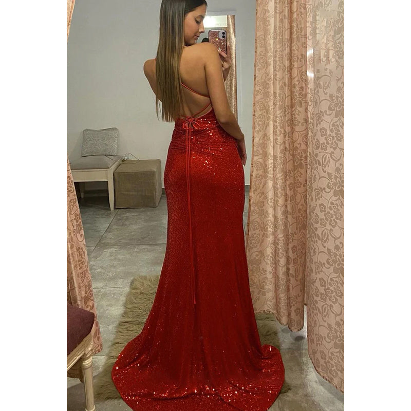 Sheath/Column V-Neck Sequined Split Backless Sleeveless Evening Dress