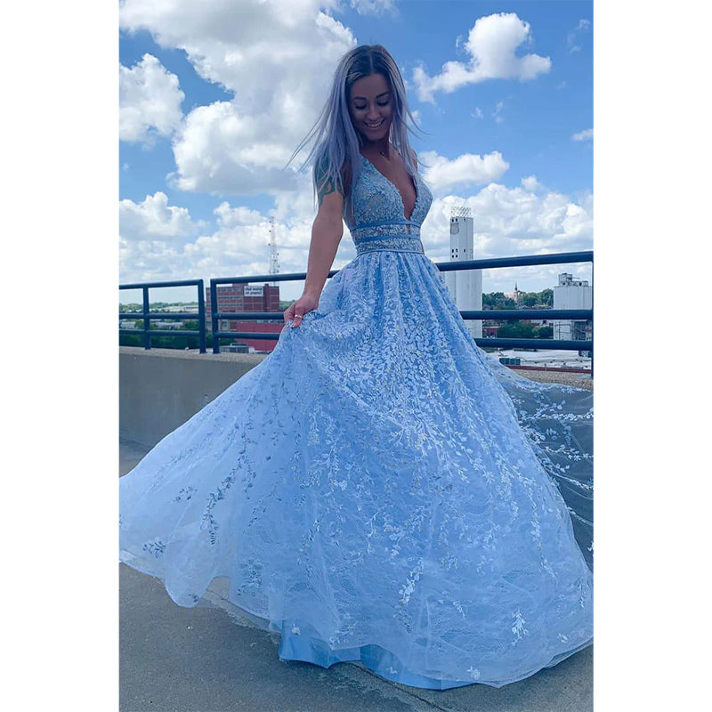 Sky Blue Lace Deep V-neck A-line Long Prom Dress