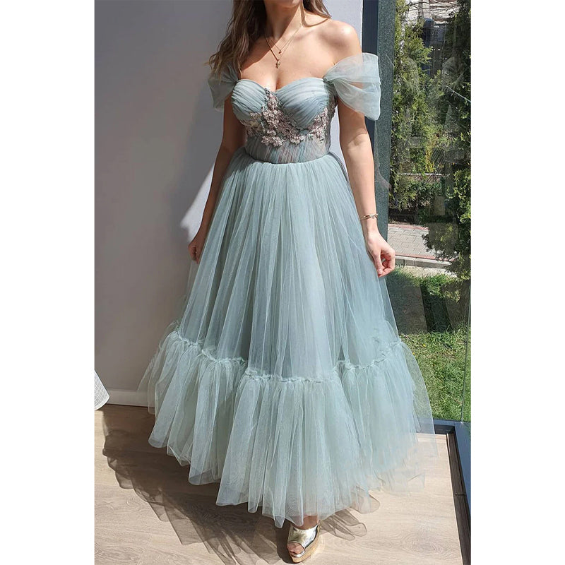 Unique Off Shoulder Appliques Vintage Prom Dress Formal Gown