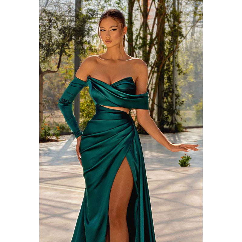 Sheath/Column Strapless Ruched Split Long Sleeves Evening Formal Dress