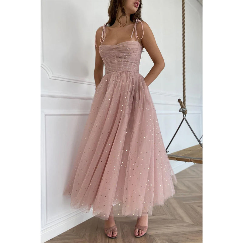 Spaghetti Straps Sweetheart Pink Tulle Pleated Prom Dress