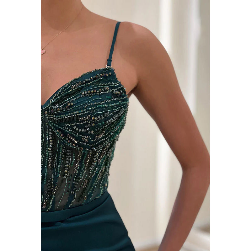 V-Neck Spaghetti Straps Beaded Ruched Sheath Long Prom Evening Gown