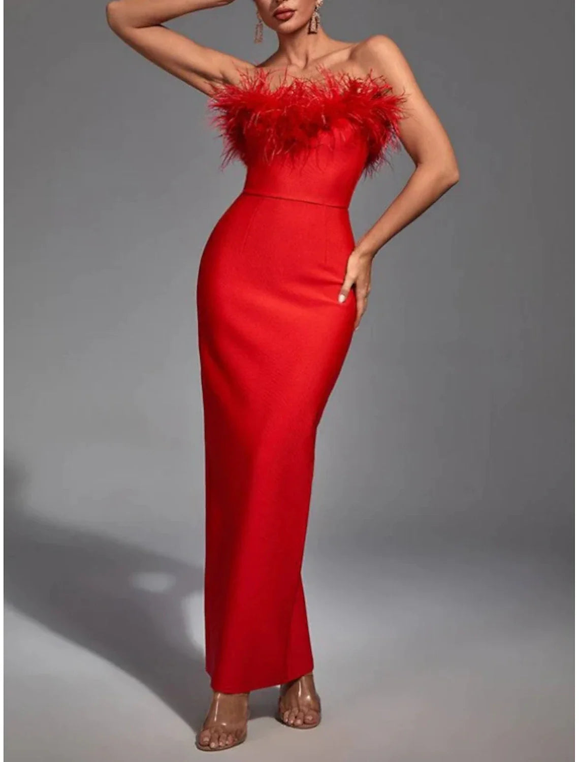 Wedding Guest Dresses Elegant Dress Formal Fall Ankle Length Sleeveless Strapless Stretch Fabric with Feather Slit Evening Dresses