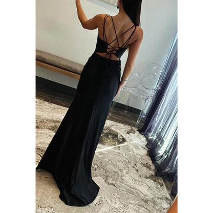 Satin Fitted V-neck Spaghetti Straps Appliques with Side Slit Party Prom Evening Dress