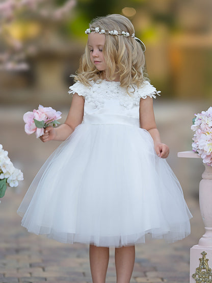 Satin Tulle Tea-length Ivory First Communion Flower Girl Dress