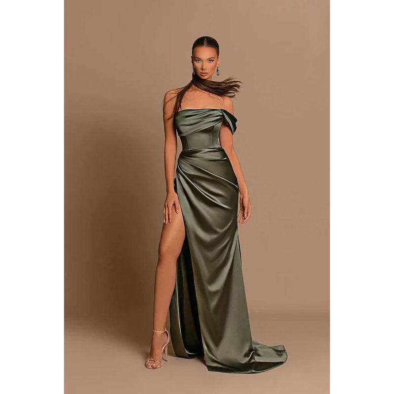 Strapless One Shoulder Ruched Long Prom Evening Dress With Slit