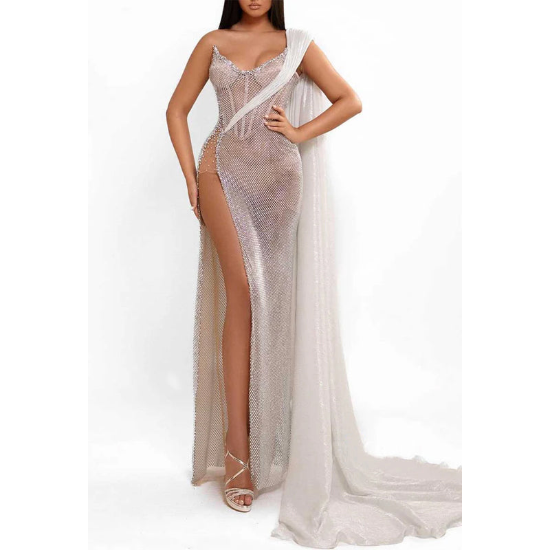 Sheer Fitted One Shoulder with High Slit Party Prom Evening Dress