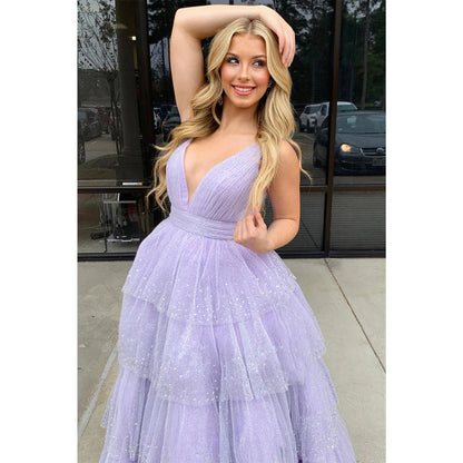 Sparkly Lilac V-neck Ball Gown Long Prom Dress Evening Gowns