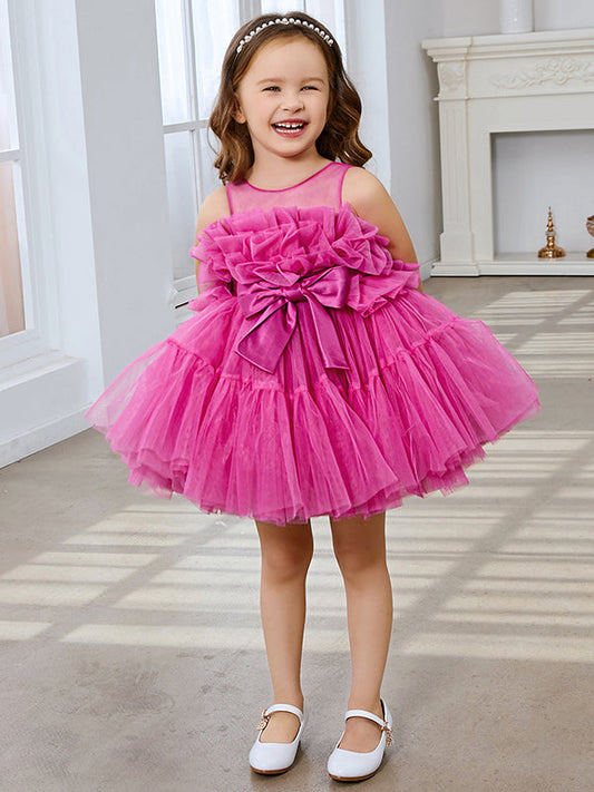 Enchanting Pink Princess Sleeveless Tulle Flower Girl Dress with Bow Accent (010224355)