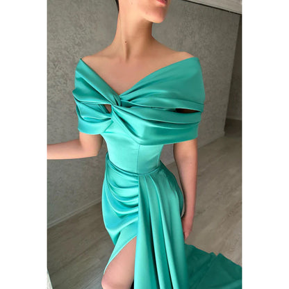 V-Neck Off-Shoulder Sleeveless Ruched Satin Sheath Long Evening Dress