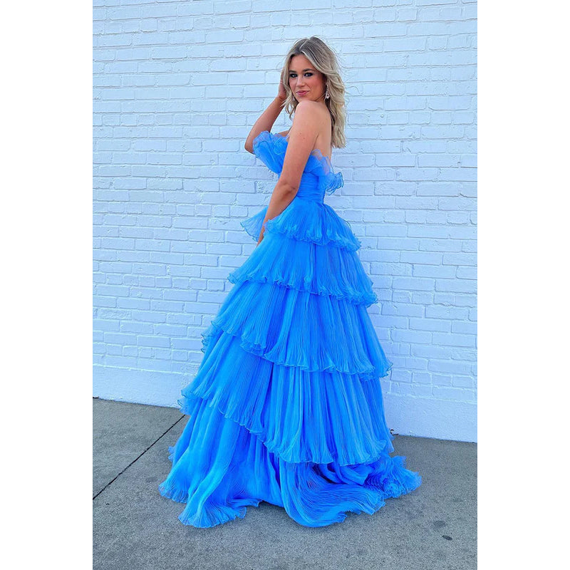 Strapless Ruched Tulle A-Line Long Prom Gown With Sweep Train