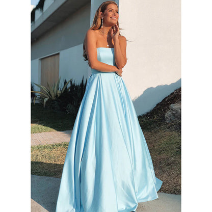 Strapless Sky Blue Satin A-line Long Prom Dress