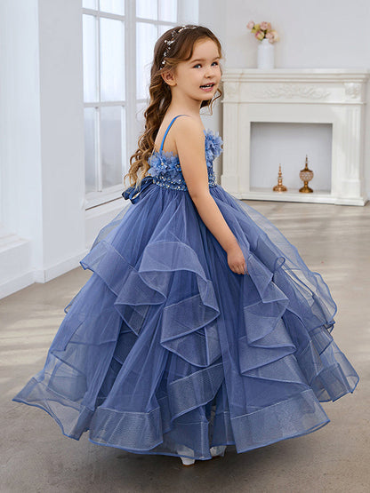 Slate Blue A-Line Princess Sleeveless Tulle Flower Girl Dress