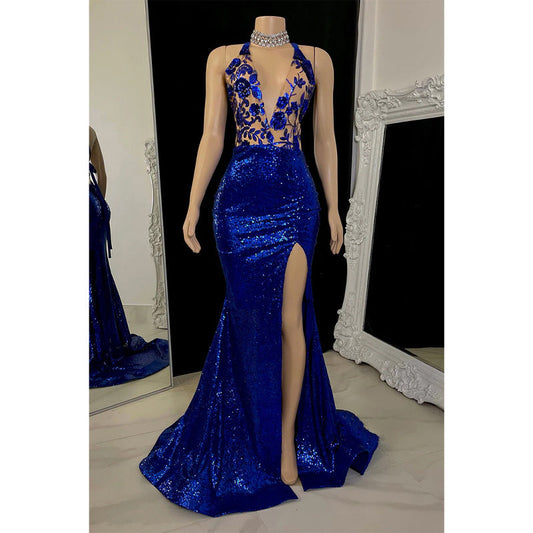 Plunging V-neck Appliques Side Slit Mermaid Prom Dress